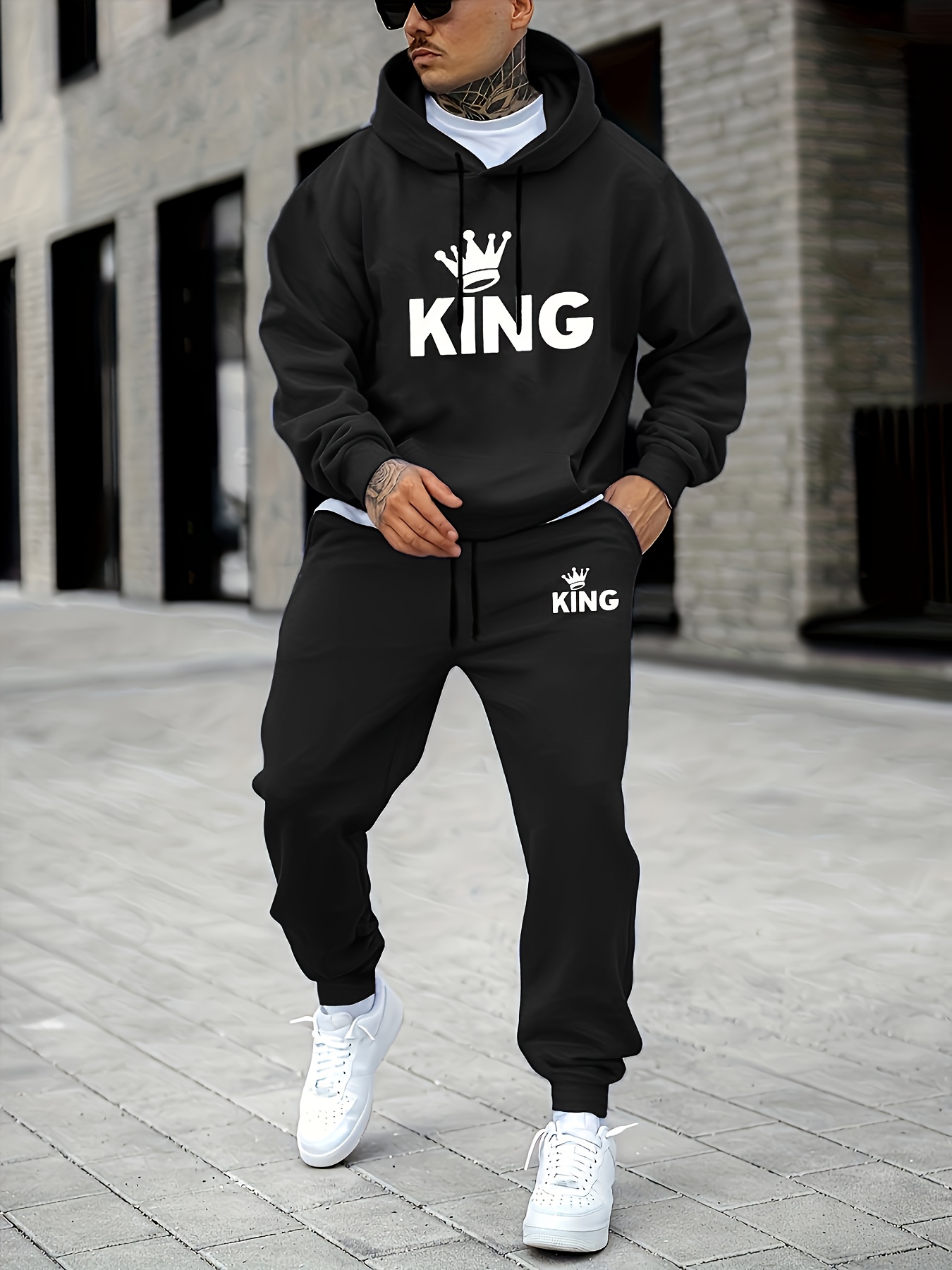 Street Fashion Outfit - 남성용 KING 크라운 프린트 트랙수트 2피스