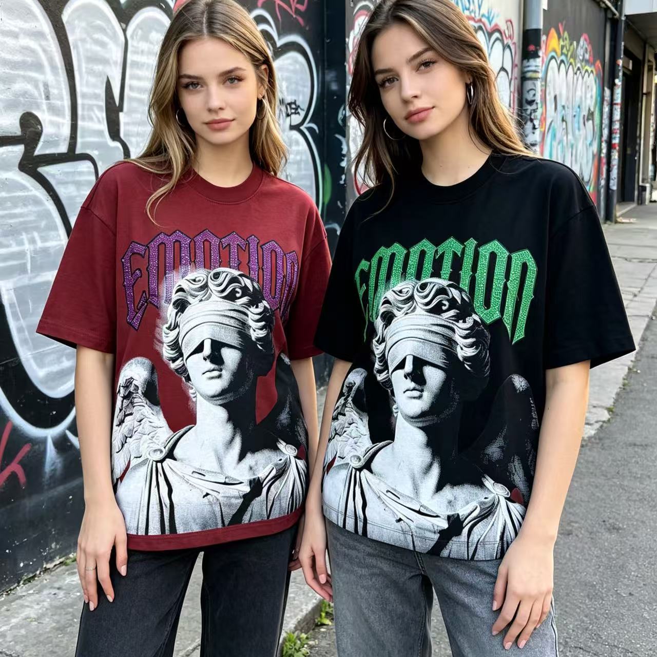 혼합 감정의 미국 천사상 프린트 티셔츠 루즈핏 캐주얼  - Street Fashion Culture 리뷰 및 가격